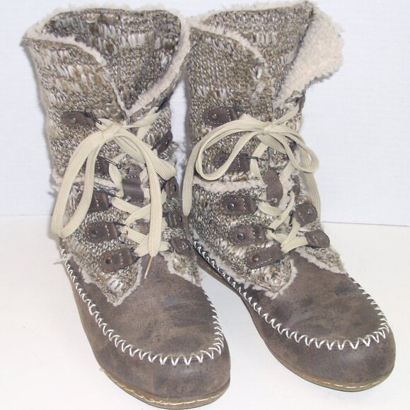 Muk Luks Shoes - Muk Luks Knit sweater Faux Sherpa Lined Lilly Lace Up Moccasin Style Boo…